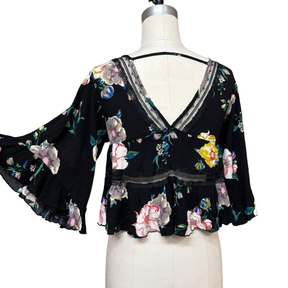 FAVLUX Peplum Babydoll Top Lace Trim Flare Sleeve Crop Ruffles Floral Fairy Y2K - Picture 2 of 13